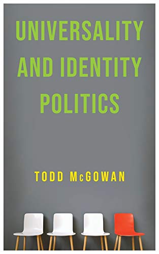 Book cover: "Universality and Identity Politics" with four chairs below.