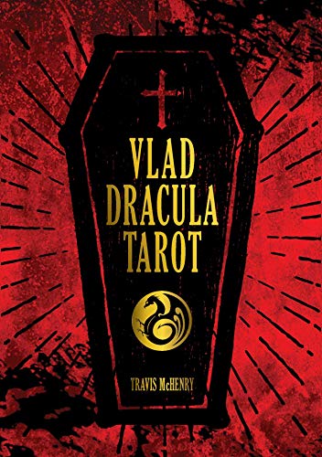 Black coffin-shaped tarot deck cover with gold text on a red background.