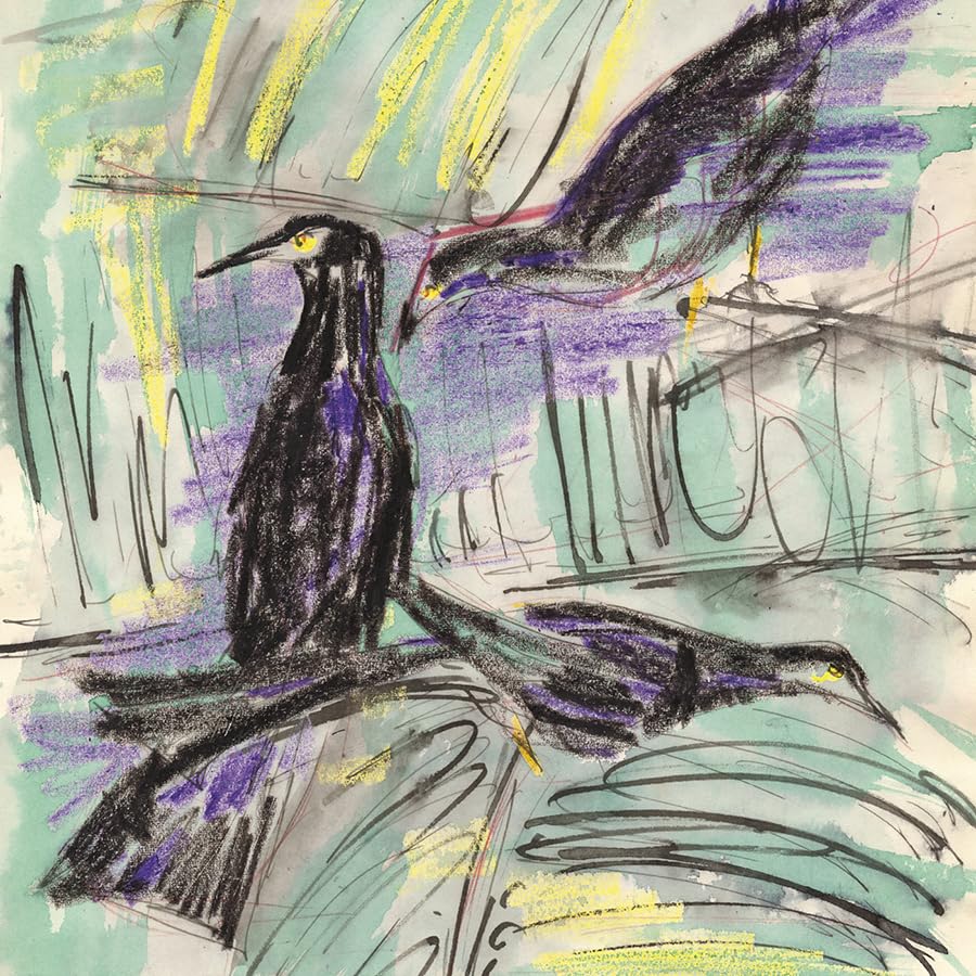 Abstract crayon drawing of black birds against a teal and purple background.