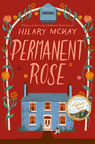 Book cover: "Permanent Rose" with a blue house and floral arch.