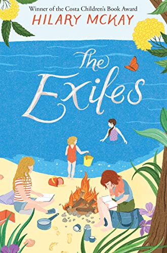 Book cover: “The Exiles” depicts children on a beach with a campfire.