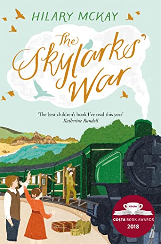 Book cover showing a steam train, two people waving, and birds in the sky.