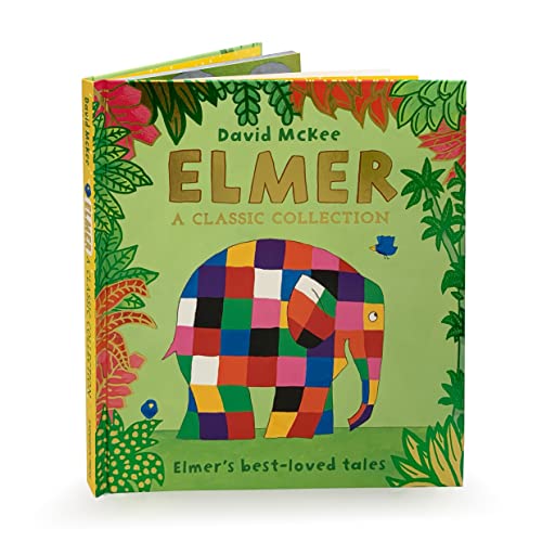 Colorful patchwork elephant on a green cover, children’s book.
