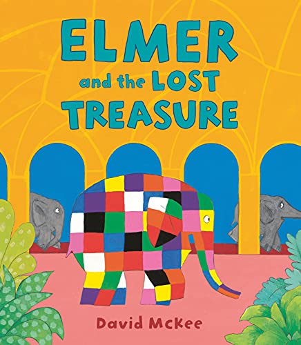 Colorful patchwork elephant under an archway with two grey elephants.