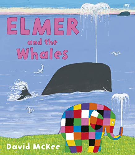 Colorful patchwork elephant, whales, and ocean scene from children’s book cover.