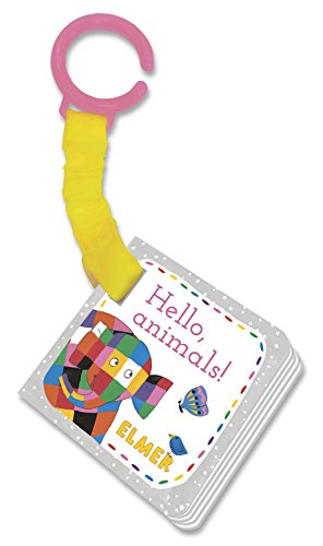 Elmer the patchwork elephant buggy book attached to a pink plastic ring.