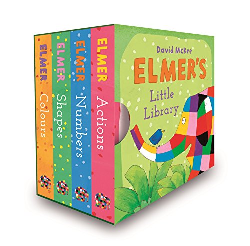 Four colorful Elmer board books stacked in a green box.