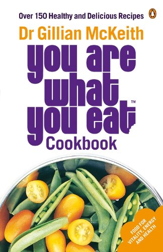 Cookbook cover with purple text reading "You Are What You Eat" and fresh vegetables.