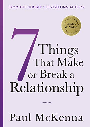 Book cover with purple text reading "Seven Things That Make or Break a Relationship.