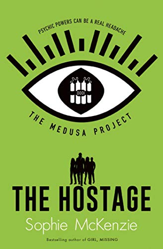 Book cover: green background, eye graphic, silhouettes, and title "The Hostage".
