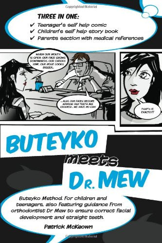 Book cover with comic panels, text "Buteyko meets Dr. Mew", and author name.