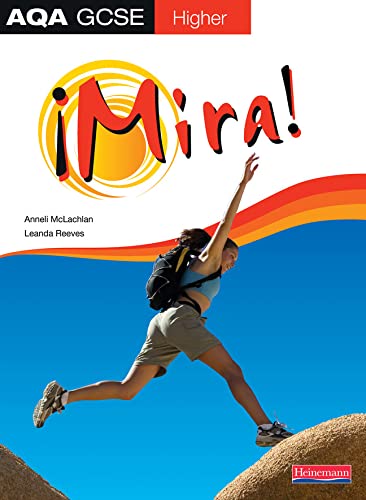 GCSE Spanish textbook cover with a woman jumping on a rocky hill.