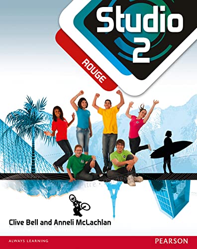 Studio 2 Rouge" textbook cover with students and a tropical beach scene.