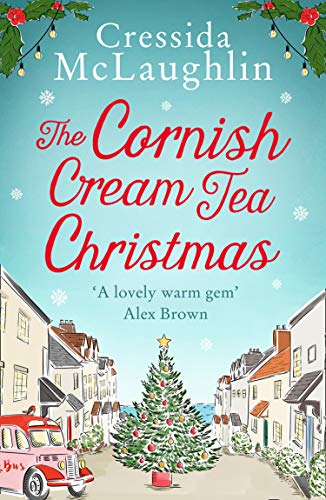 Book cover with festive illustration of a Cornish village and Christmas tree.