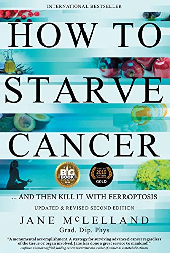 Book cover titled How to Starve Cancer with images of fruit, pills, and yoga.