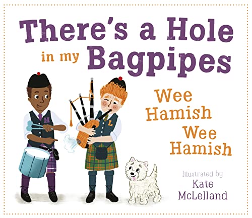 Two children in Scottish attire playing music with a small white dog nearby.