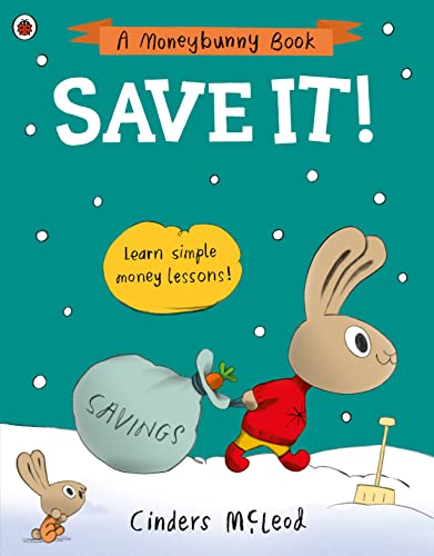Book cover: bunny with savings bag, learning about money.
