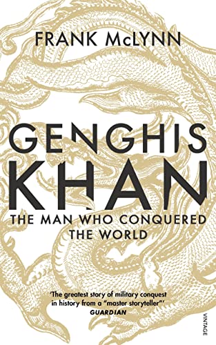 Book cover with a gold dragon illustration and the title Genghis Khan.