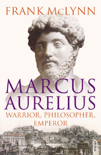 Book cover featuring a white marble bust of Marcus Aurelius above an ancient city.