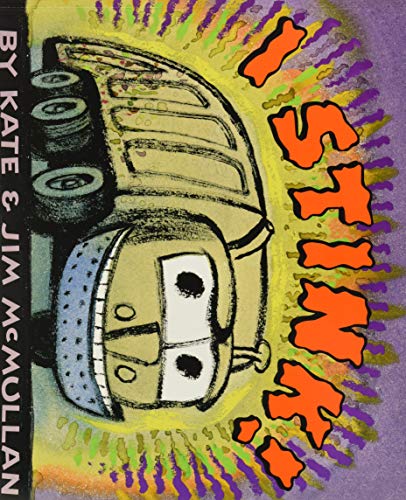 Cartoon illustration of a garbage truck with a face on a purple background.