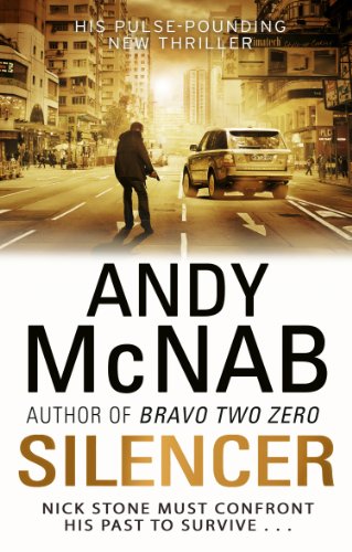 Book cover: man with a gun, car, city street, title "Silencer" by Andy McNab.