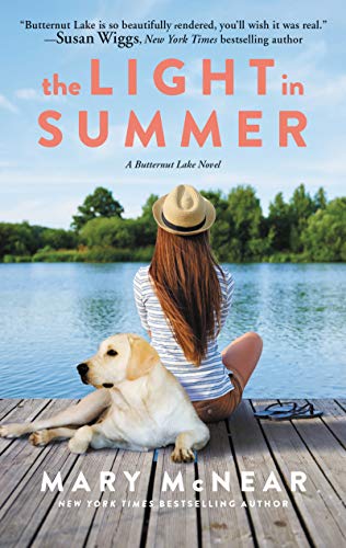 Book cover: woman, dog, and lake scene with title "The Light in Summer.