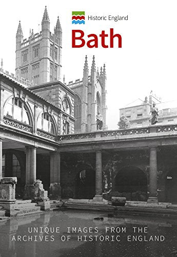 Black and white photo of Bath Abbey and Roman Baths colonnade.