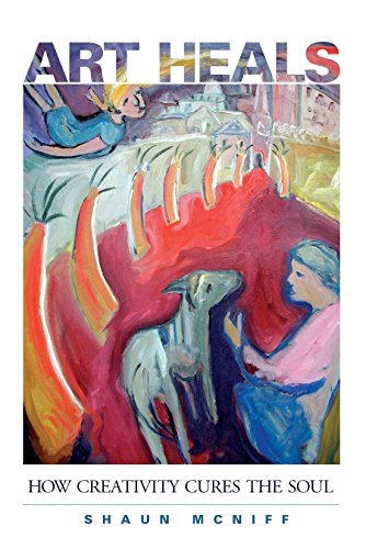 Book cover with an abstract painting of people, a dog, and curved shapes.