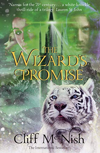 Book cover: “The Wizard’s Promise” with a white tiger and faces.