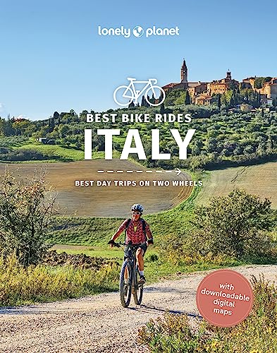 Travel guide cover: cyclist in Tuscany, Italy, with title “Best Bike Rides Italy”.