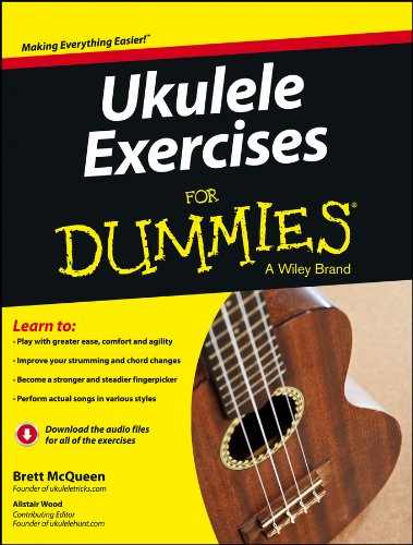 Book cover: "Ukulele Exercises For Dummies" with a wooden ukulele image.