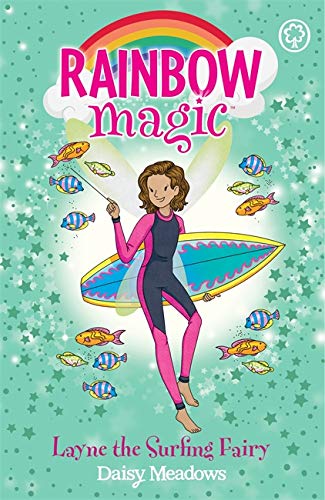Book cover: fairy in wetsuit with surfboard, rainbow and fish details.