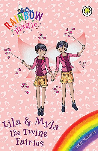 "Pink book cover featuring cartoon twins holding wands, surrounded by stars and a rainbow."
