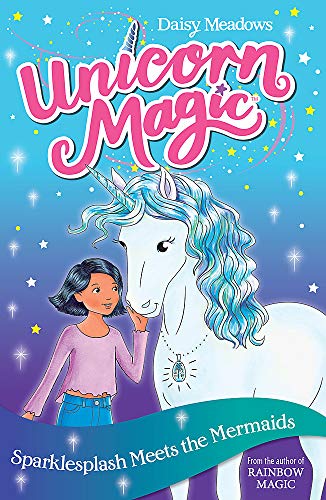 Book cover featuring a girl and a white unicorn with blue mane.