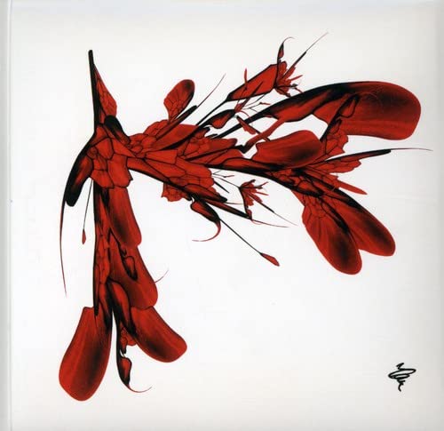 Red abstract bird-like shape on a white background, CD cover art.