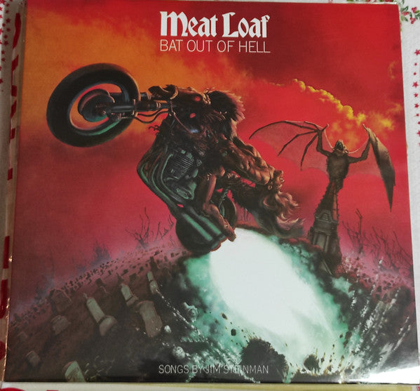 Album cover: "Bat Out Of Hell" featuring a motorcycle and demonic figure.
