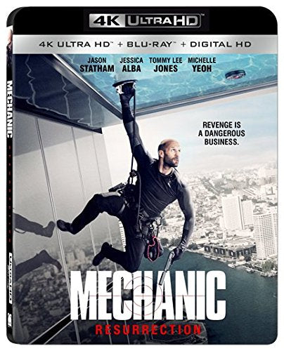 Mechanic Resurrection" Blu-ray cover featuring Jason Statham rappelling from a skyscraper.