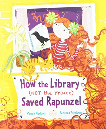 Rapunzel with long orange hair looks out a window, a cat below.