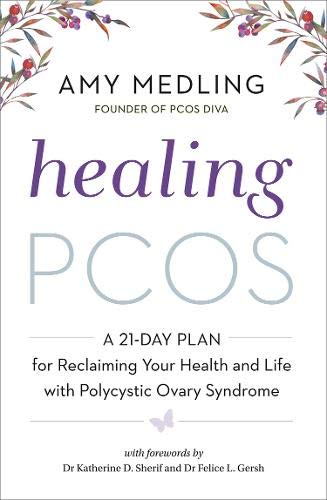 Book cover titled Healing PCOS by Amy Medling with watercolor floral accents and butterfly.