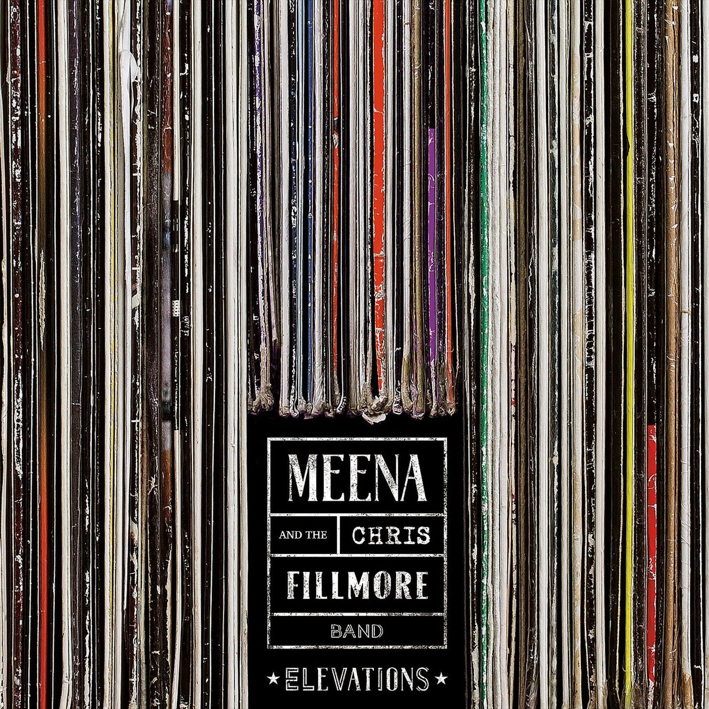 CD cover for Meena & Chris Fillmore Band’s “Elevations” with record spines.