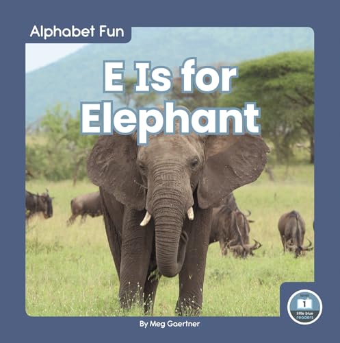 Book cover featuring an elephant in a grassy landscape, letter E.