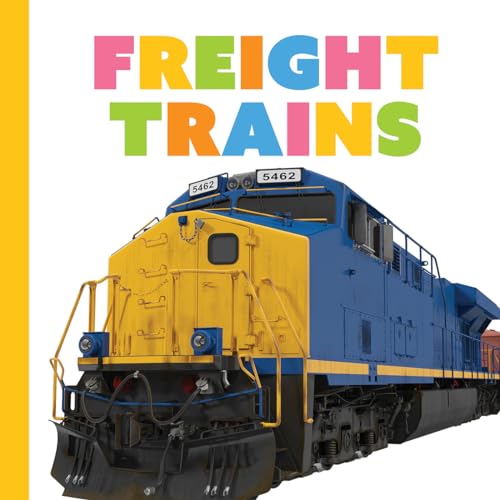 Yellow and blue freight train locomotive with colorful title text.