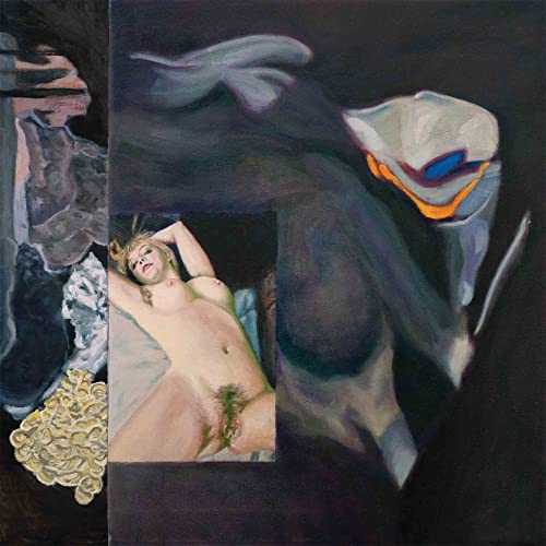 Abstract painting with a reclining nude figure and robotic elements.
