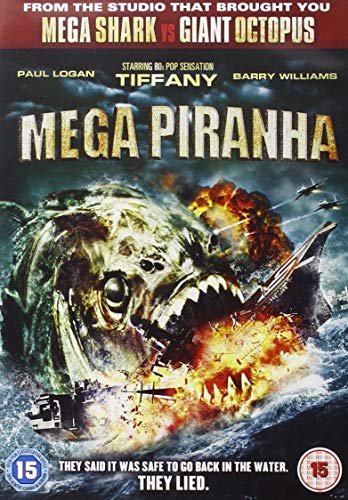 DVD cover for "Mega Piranha" featuring a giant piranha attacking boats.