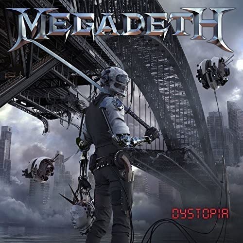 Megadeth’s “Dystopia” CD cover: futuristic cityscape with robotic figure and skull.