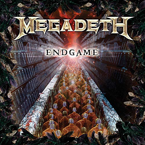 "Megadeth album cover featuring a futuristic scene with monks in a trench."