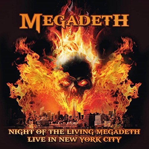 Megadeth album cover: flaming skull over a New York City skyline.