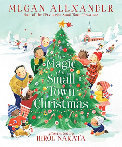 Book cover depicting children decorating a Christmas tree in a snowy town.