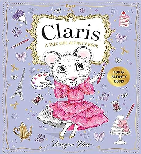 Claris the mouse, holding a paintbrush, with Parisian themed illustrations.