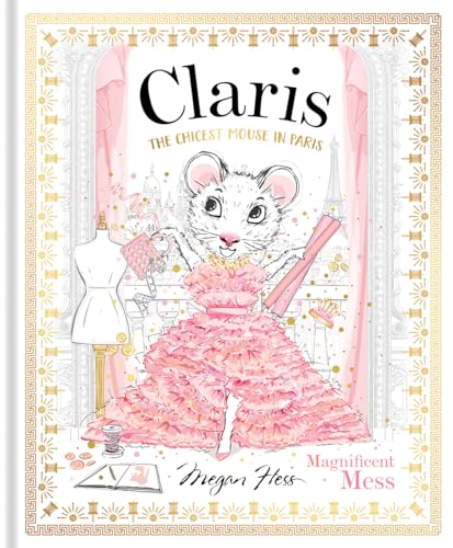 Claris the mouse in a pink, ruffled dress with sewing tools.